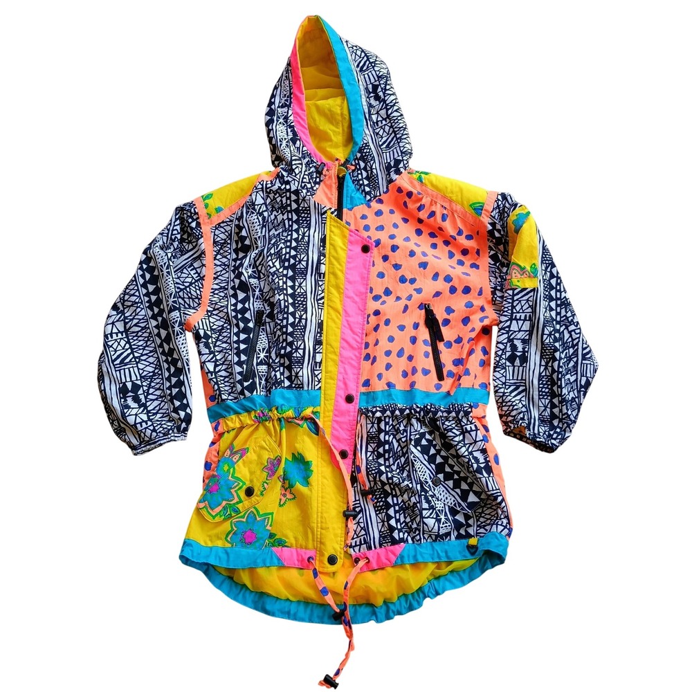 Vintage Obermeyer Neon Colorblock Ski Jacket Women 10 Retro 80s 90s Patterned